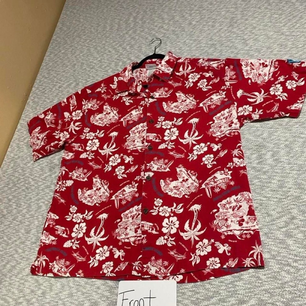 Disneyland Resort red button-up shirt with white floral print Men L. SKU-C13